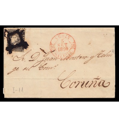 1850. Isabel II. Envuelta de Verín (Galicia). Baeza rojo y araña en tinta negra. Edifil 1