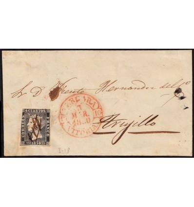 1850. Isabel II. Frontal de Vergara (Guipúzcoa). Matasello aspa en tinta y baeza. Edifil 1