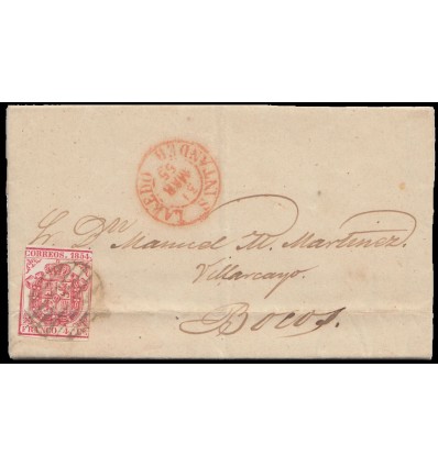 1855. Carta Colindres (Santander). Parrilla negra y fechador rojo Colindres. Último día circulación. Edifil 33.