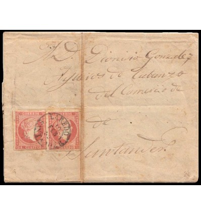 1859. Carta Laredo (Santander). Fechador negro. Doble porte. Edifil 48.