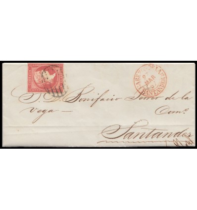 1857. Carta Cabezón de la Sal (Santander, Cantabria). Parrilla negra y fechador rojo. Edifil 48