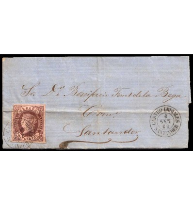 1862. Carta Castro Urdiales (Santander, Cantabria). Fechador negro. Edifil 58