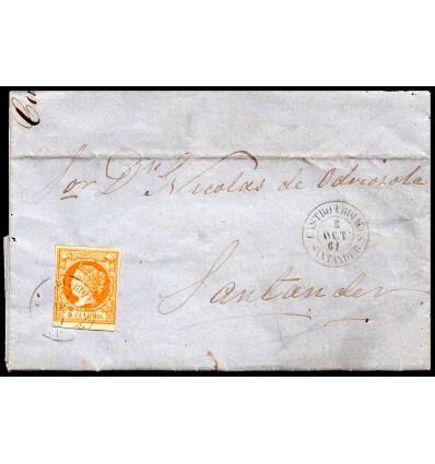 1861. Carta Castro Urdiales (Santander, Cantabria). Fechador negro. Edifil 52