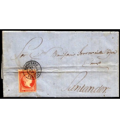 1859. Carta Santoña (Santander, Cantabria). a Santander, tránsito por Ramales. Fechador negro. Edifil 48