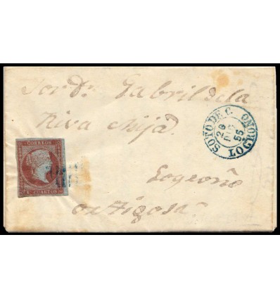 1855. Carta Laguna de Cameros (Logroño, La Rioja). Parrilla azul y fechador azul de Soto de Cameros. Edifil 48