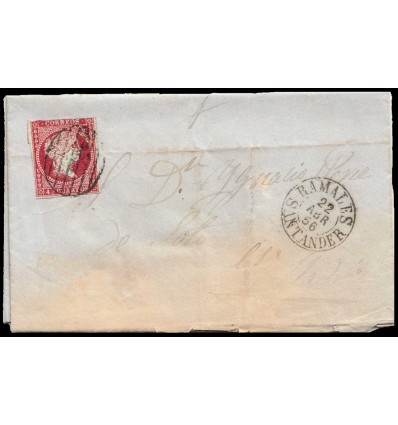 1856. Carta Aja (Santander, Cantabria). Parrilla negra y fechador negro de Ramales de la Victoria. Edifil 40