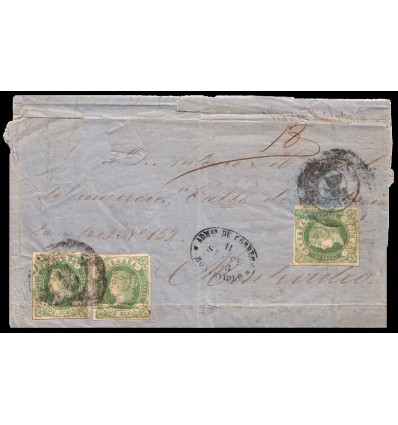 1863. Isabel II. Carta Barcelona a Montevideo (Uruguay). Vía de Inglaterra. Rueda de carreta 2. Edifil 62