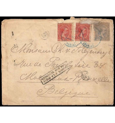 1900. Alfonso XII. Pelón. Sobre de Las Palmas (Canarias) a Bélgica. Extraviada en buzón. Edifil 216-218