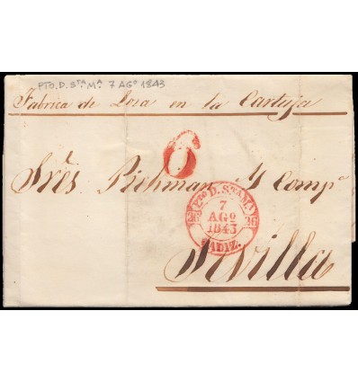 1843. Carta Puerto de Santa María (Cádiz) a Sevilla. Baeza rojo. Porteo 6