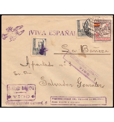 1938. Sobre de Vigo (Pontevedra) a La Bañeza. Matasello de fortuna en forma de estrella (aspa). Edifil 819