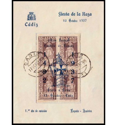 1937. Tarjeta Primer Día. Cádiz. Fiesta de la Raza.