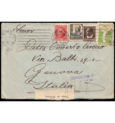1937. Guerra Civil. Carta Ibiza (Mallorca, Baleares) a Italia. Censura. Viñeta Pro Paro. Edifil 681 687, 820