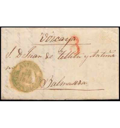 1844. Carta de Avilés (Astruias). Baeza verde. Porteo 8 rojo