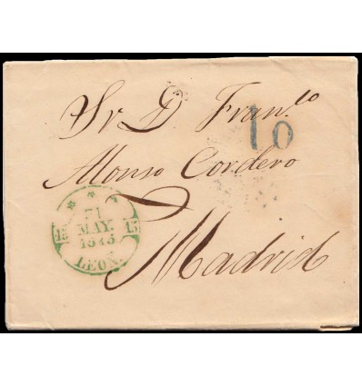 1845. Carta de León. Baeza verde y azul de llegada. Porteo 10 azul