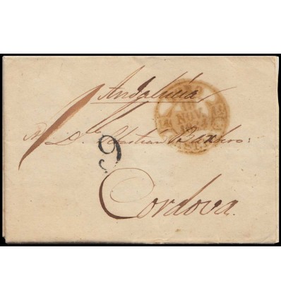 1844. Carta de Toro (Zamora) a Córdoba. Baeza verde y bermellón de llegada. Porteo 9