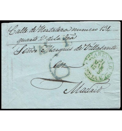 1845. Carta de Arévalo (Ávila). Baeza verde. Porteo 6