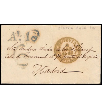 1845. Carta de Segovia a Madrid. Baeza verde. Porteo 6