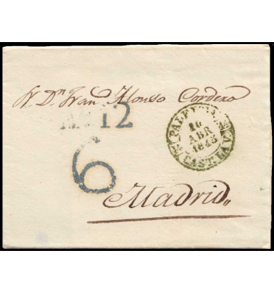 1845. Carta de Palencia a Madrid. Baeza verde. Porteo 6