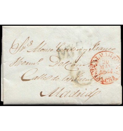 1844. Carta de Almagro (Ciudad Real) a Madrid. Baeza rojo. Porteo 6