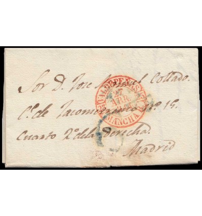 1844. Carta de Valdepeñas (Ciudad Real) a Madrid. Baeza rojo. Porteo 6