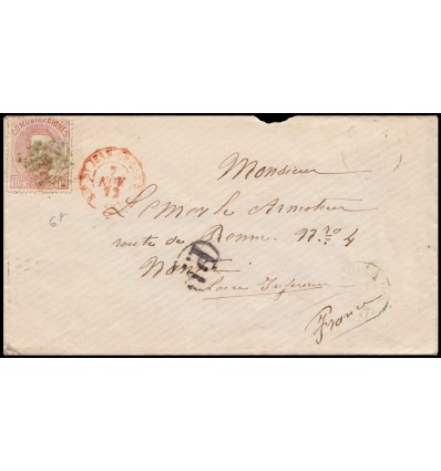 1872. Amadeo I. Sobre Sevilla a Nantes (Francia). Rombo puntos verde-azul, tránsito San Juan de Luz y Madrid