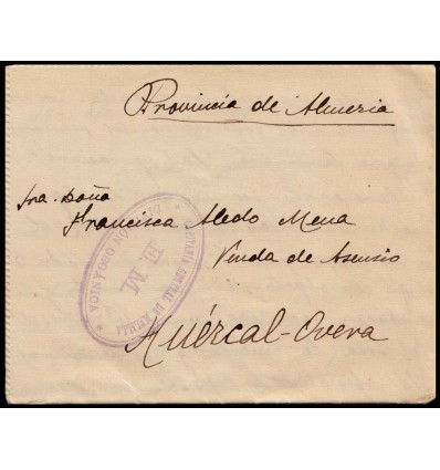 1911. Carta Iz-Hafen (Melilla) a Huercal Overa (Almería). Franquicia Capitanía Cuartel Melilla División Orgánica EM