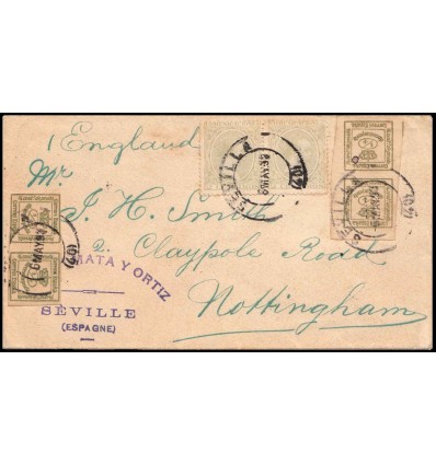 1893. Alfonso XIII. Pelón. Sobre Sevilla a Inglaterra. Impresos. Edifil 173, 213