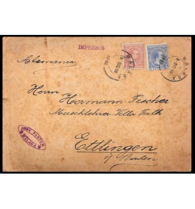 1898. Alfonso XIII. Pelón. Frente cartón Málaga. Impresos. Edifil 215, 217