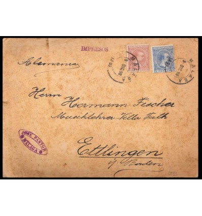 1898. Alfonso XIII. Pelón. Frente cartón Málaga. Impresos. Edifil 215, 217