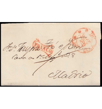 1849. Carta Cadiz. Baeza rojo. Franco rojo