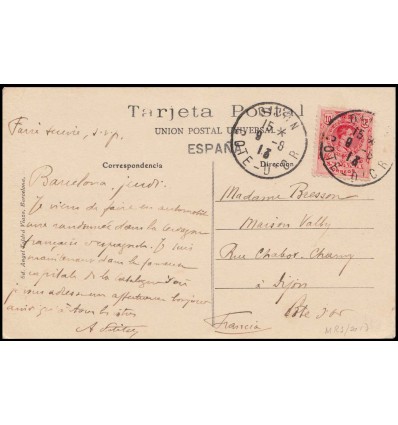 1913. Alfonso XIII Medallón. Tarjeta Postal Barcelona. Matasello extranjero Dijon (Francia). Edifil 269