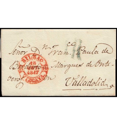 1847. Carta Bilbao (Vizcaya). Baeza rojo. Porteo 1R azul