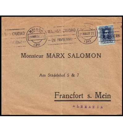 1927. Alfonso XIII. Vaquer. Sobre Málaga. Matasello rodillo conmemorativo. Edifil 319