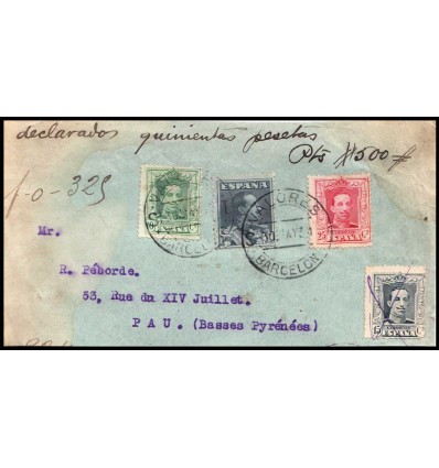 1930. Alfonso XIII. Vaquer. Fragmento valores declarados Barcelona. Edifil 314, 315, 317, 321