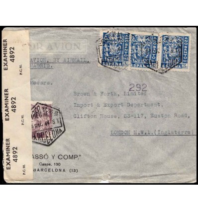 1944. Franco. Compostelano. Barcelona. Correo aéreo. Censura. Edifil 922, 966