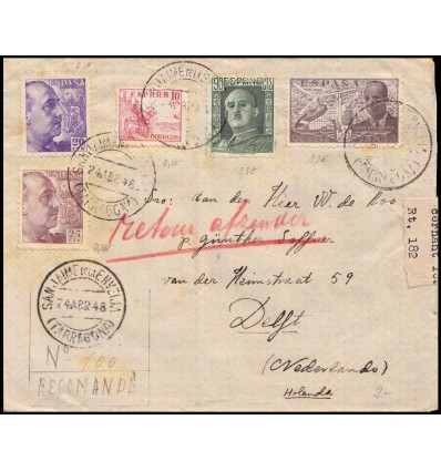 1948. Franco. Sobre San Jaime de la Enveija (Tarragona). Amposta. Esperanto. Mutualidad. Edifil 917, 922, 923, 883, 1000