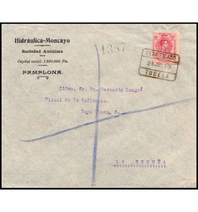 1910. Alfonso XIII. Medallón. Sobre certificado Tudela (Navarra). Edifil 276