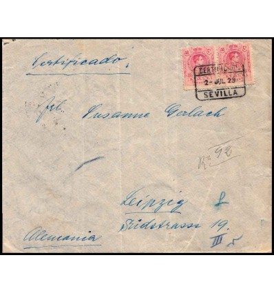 1923. Alfonso XIII. Medallón. Sobre certificado Sevilla. Edifil 276