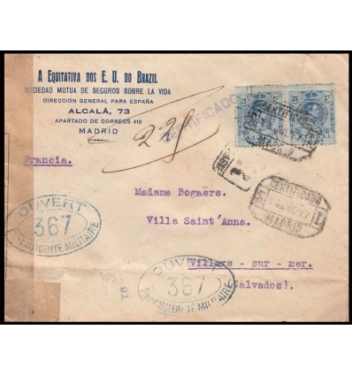 1917. Alfonso XIII. Medallón. Sobre certificado Madrid. Edifil 274