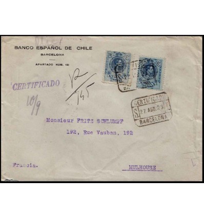 1923. Alfonso XIII. Medallón. Sobre certificado Barcelona. Doble porte. Edifil 277