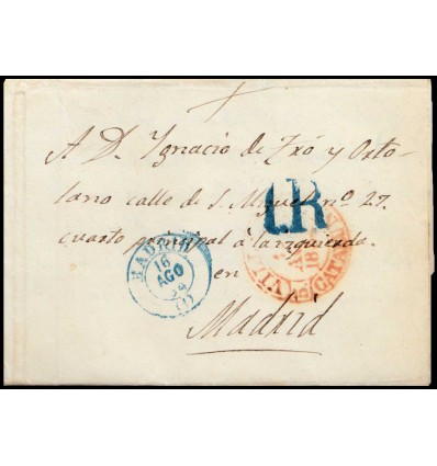 1854. Isabel II. Carta Vilafranca del Penedès (Barcelona). Madrid. Porteo