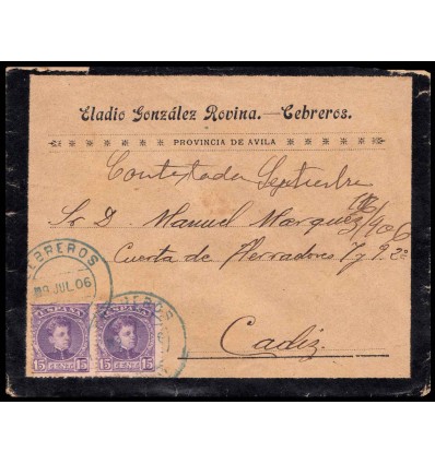 1906. Alfonso XIII. Cadete. Sobre Cebreros (Ávila). Fechador azul. Doble porte. Edifil 246