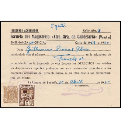 1960. Tasa exámenes Laguna de Tenerife (Canarias). Mutualidad Nacional Enseñanza Primaria. Fiscal