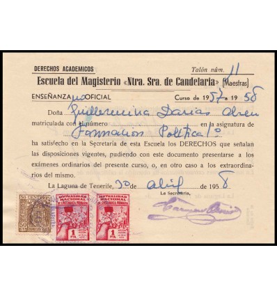 1960. Tasa exámenes Laguna de Tenerife (Canarias). Mutualidad Nacional Enseñanza Primaria. Fiscal