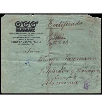 1922. Alfonso XIII. Medallón. Sobre certificado Madrid. Fraude postal. Edifil 268, 273