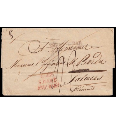 1840ca. Envuelta Gibraltar (San Roque, Cadiz). Marca ESPAGNE PAR PERPIGNAN. Porteo manuscrito.