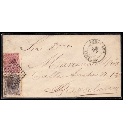 1878ca. Alfonso XII. Sobre Igualada (Barcelona). Impuesto guerra. Error fechador trébol. Edifil 188, 192