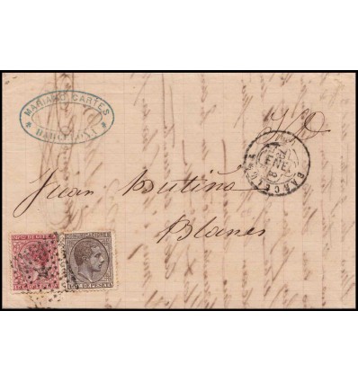 1879. Alfonso XII. Sobre Barcelona. Impuesto guerra. Error fechador trébol. Edifil 188, 192