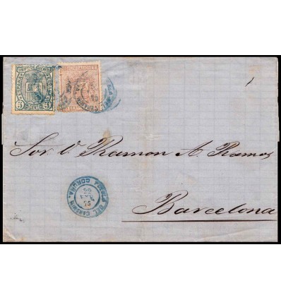 1875. Escudo España. Envuelta Puebla Caramiñal (Coruña). Fechador azul. Edifil 153, 154
