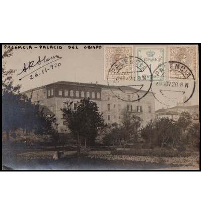 1920. Alfonso XIII. Medallón. Tarjeta postal Palencia. Edifil 289, 291